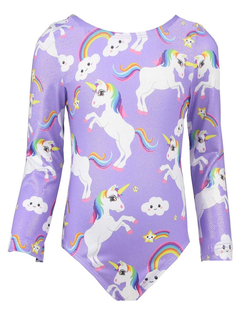 TENVDA Gymnastics Leotards for Girls 6-7 Years Old Purple Sparkly Unicorn Print Kids Long Sleeve Tumbling Outfit Bodysuits - Image 1